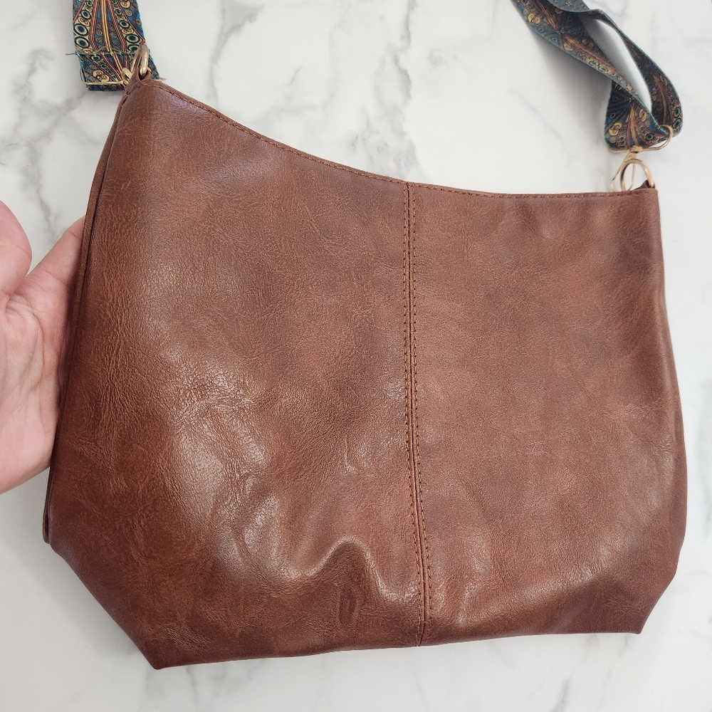 Unisex Dark Brown Tote Bag With Patterned Boho Strap - Picture 3 of 13